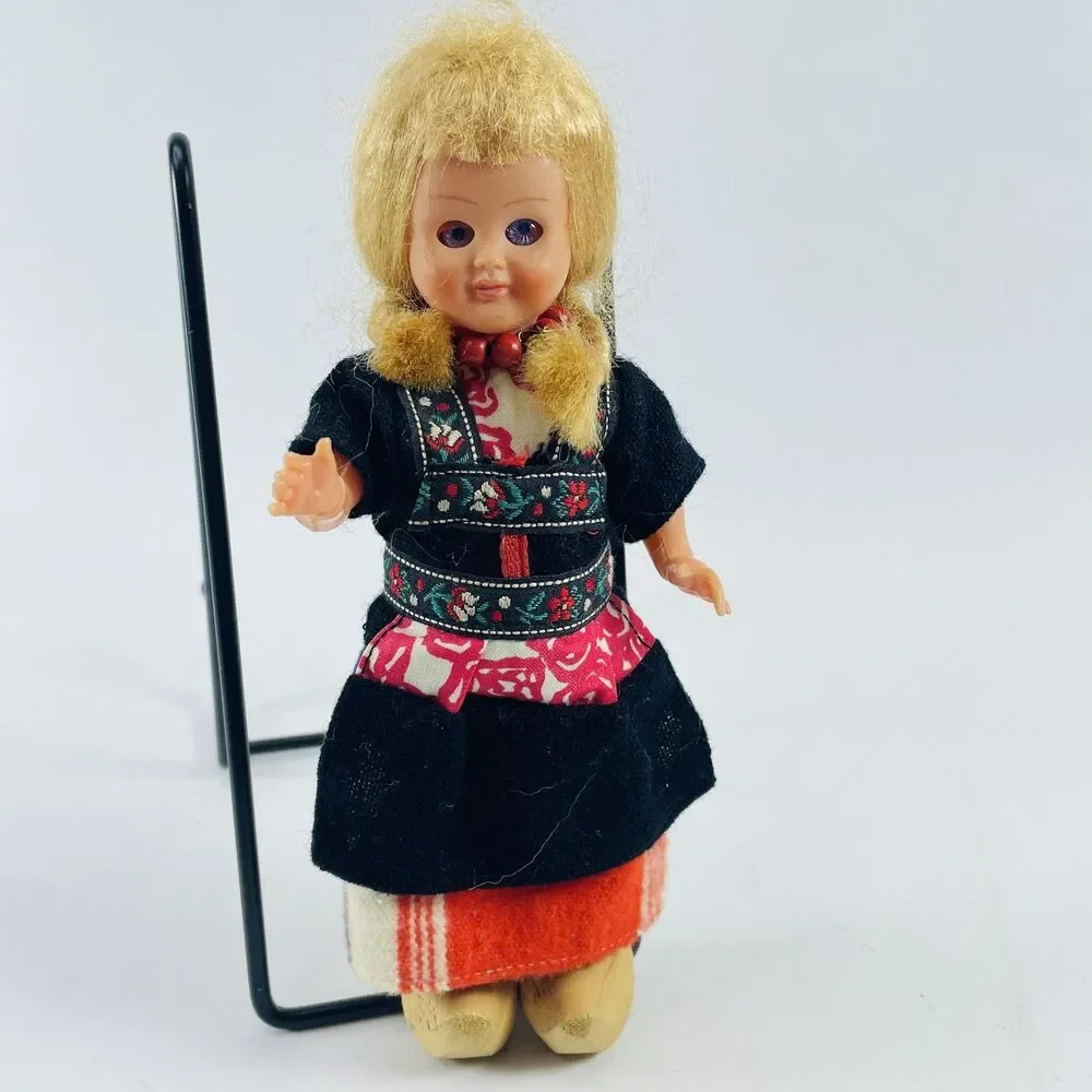 Vintage Folk Art Blonde Dutch Doll Wooden Shoes 7 in Ethnic Costume Blinky Eyes